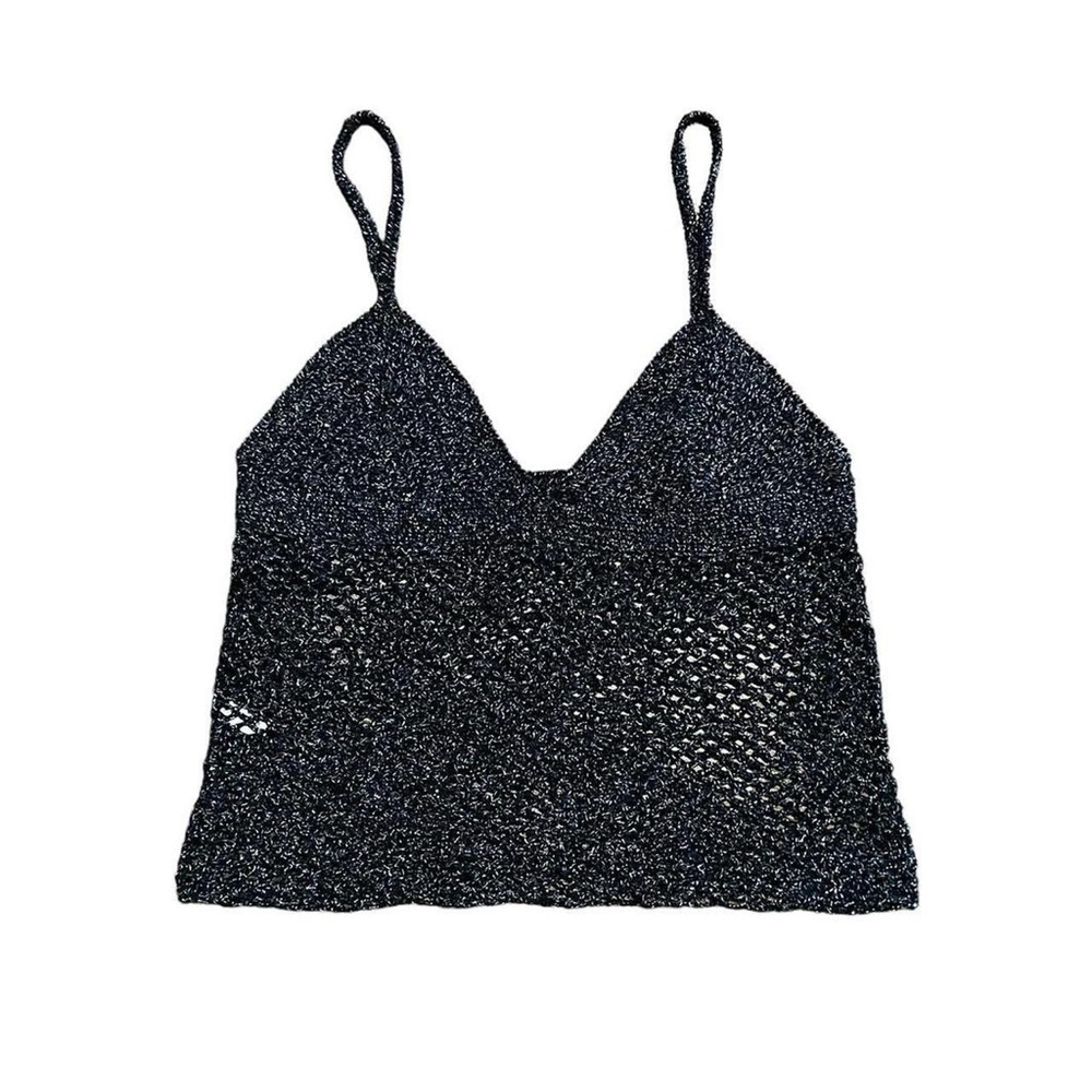 Y2K Festival Express Black Navy Crochet Knit Glittery Women's Tank Top Size M